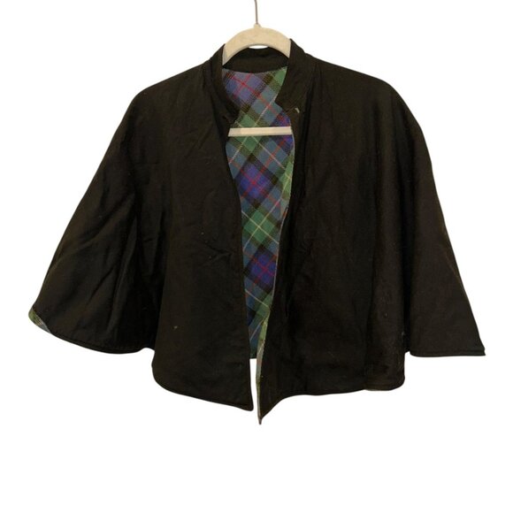 Vintage 50s Black Watch Green blue plaid reversible black Scottish Capelet 1 SZ - Picture 3 of 7